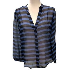 Zoe & Sam Blue and Black Stripe Sheer Blouse Top Button Front Silk Long Sleeve S